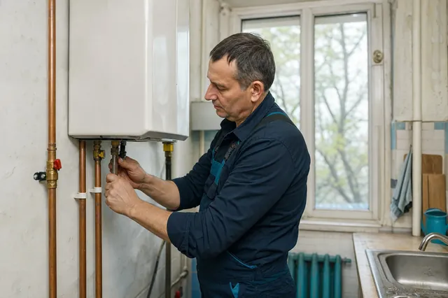 Un instalator montează un boiler pe peretele unei bucătării