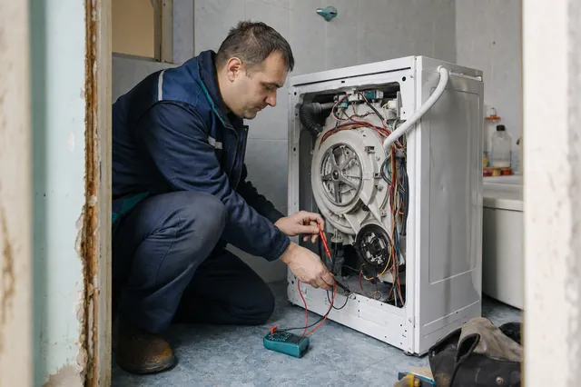 Un tehnician verifică o mașină de spălat cu un multimetru